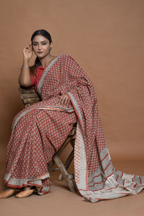 ICH Bagru Statements. Hand Block Printed Mul Cotton Saree - Brick Flora