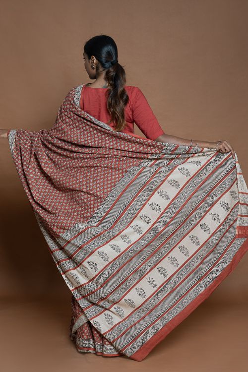 ICH Bagru Statements. Hand Block Printed Mul Cotton Saree - Brick Flora