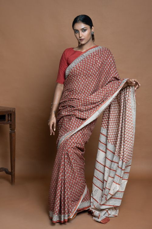 ICH Bagru Statements. Hand Block Printed Mul Cotton Saree - Brick Flora