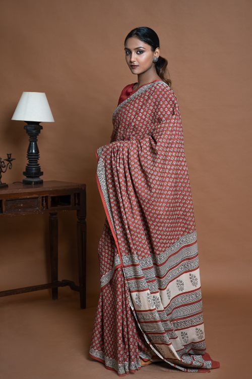 ICH Bagru Statements. Hand Block Printed Mul Cotton Saree - Brick Flora