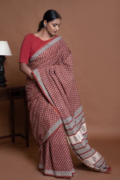 ICH Bagru Statements. Hand Block Printed Mul Cotton Saree - Brick Flora