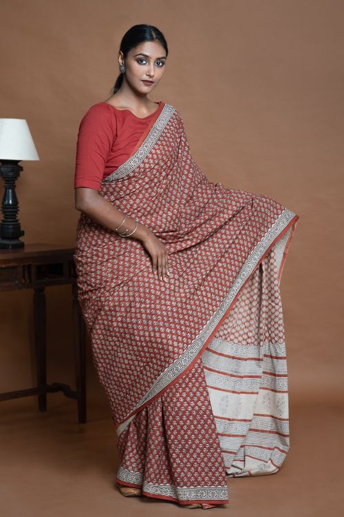 ICH Bagru Statements. Hand Block Printed Mul Cotton Saree - Brick Flora