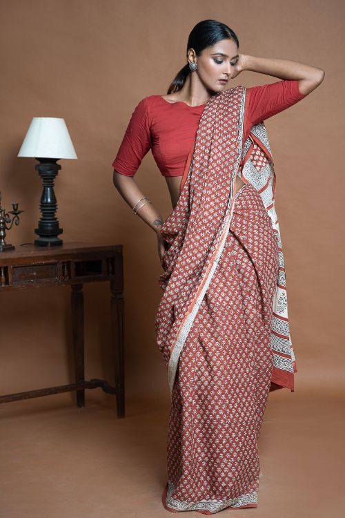 ICH Bagru Statements. Hand Block Printed Mul Cotton Saree - Brick Flora
