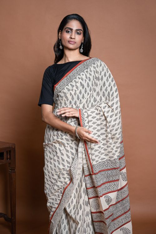 ICH Bagru Statements. Hand Block Printed Mul Cotton Saree - Cream Leaf