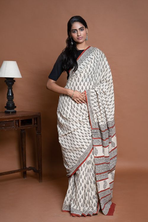 ICH Bagru Statements. Hand Block Printed Mul Cotton Saree - Cream Leaf