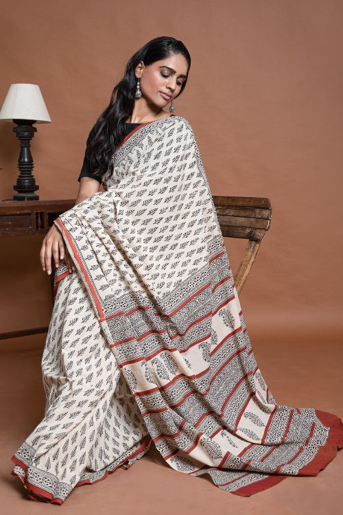 ICH Bagru Statements. Hand Block Printed Mul Cotton Saree - Cream Leaf
