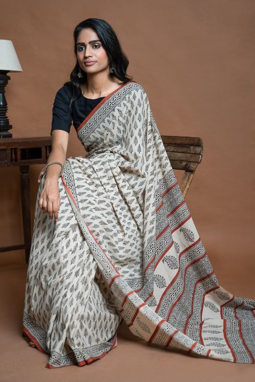 ICH Bagru Statements. Hand Block Printed Mul Cotton Saree - Cream Leaf