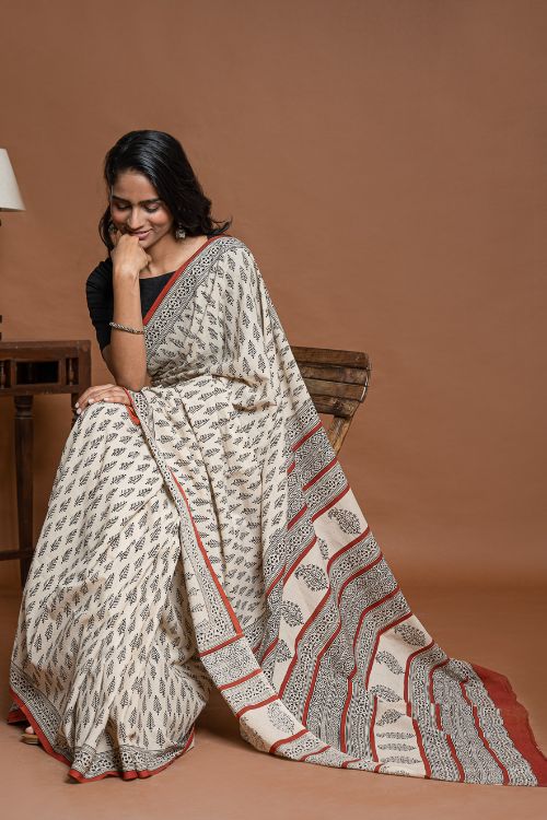 ICH Bagru Statements. Hand Block Printed Mul Cotton Saree - Cream Leaf