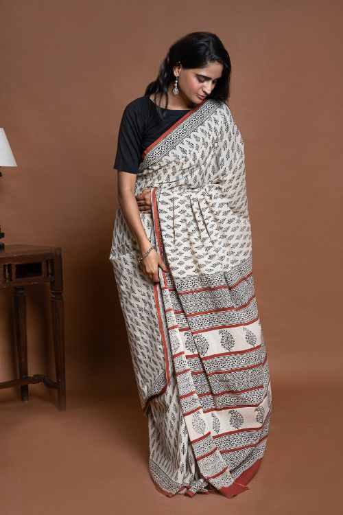 ICH Bagru Statements. Hand Block Printed Mul Cotton Saree - Cream Leaf
