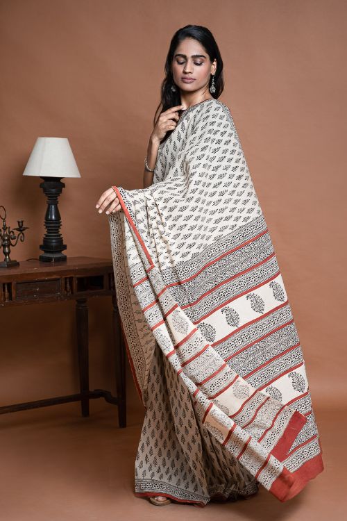 ICH Bagru Statements. Hand Block Printed Mul Cotton Saree - Cream Leaf