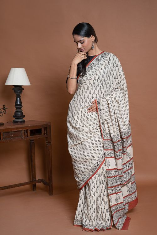 ICH Bagru Statements. Hand Block Printed Mul Cotton Saree - Cream Leaf