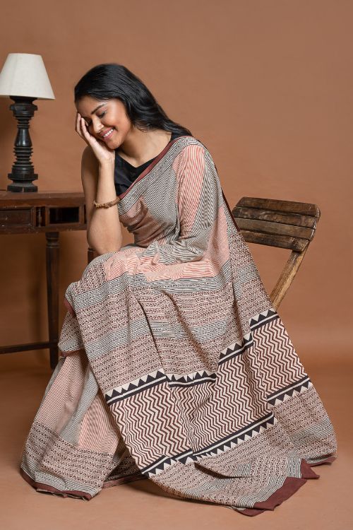 ICH Bagru Statements. Hand Block Printed Mul Cotton Saree - Geometrics