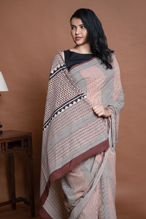 ICH Bagru Statements. Hand Block Printed Mul Cotton Saree - Geometrics