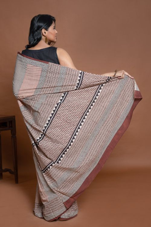 ICH Bagru Statements. Hand Block Printed Mul Cotton Saree - Geometrics