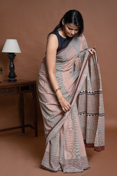 ICH Bagru Statements. Hand Block Printed Mul Cotton Saree - Geometrics
