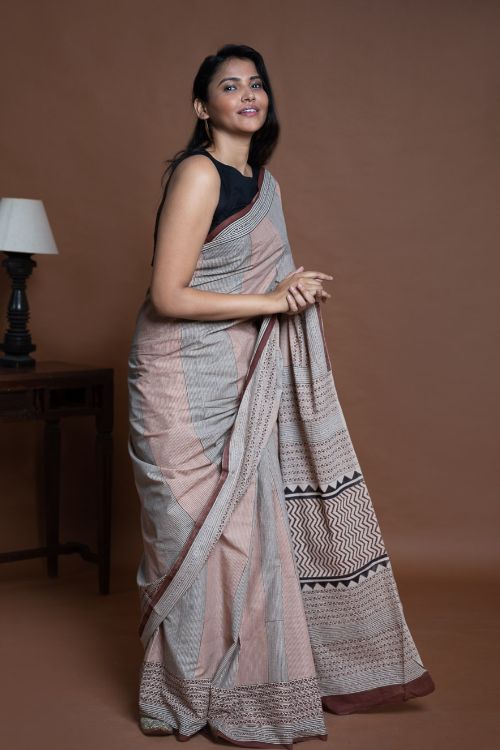 ICH Bagru Statements. Hand Block Printed Mul Cotton Saree - Geometrics