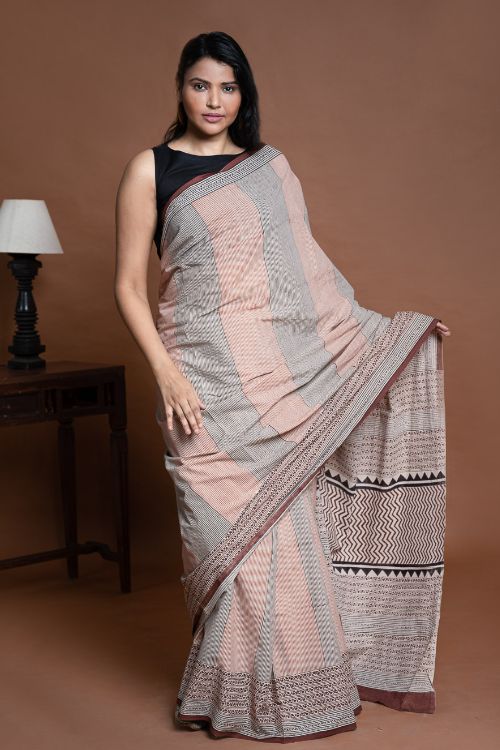 ICH Bagru Statements. Hand Block Printed Mul Cotton Saree - Geometrics
