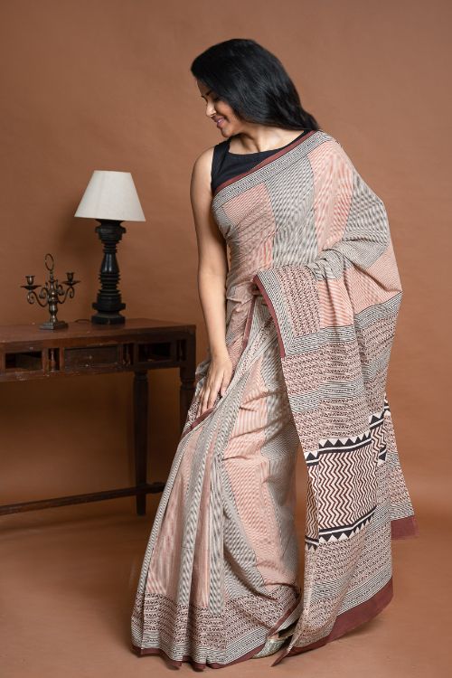 ICH Bagru Statements. Hand Block Printed Mul Cotton Saree - Geometrics