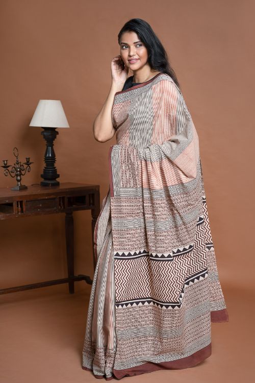 ICH Bagru Statements. Hand Block Printed Mul Cotton Saree - Geometrics