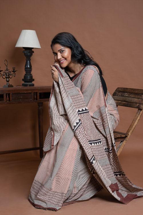 ICH Bagru Statements. Hand Block Printed Mul Cotton Saree - Geometrics