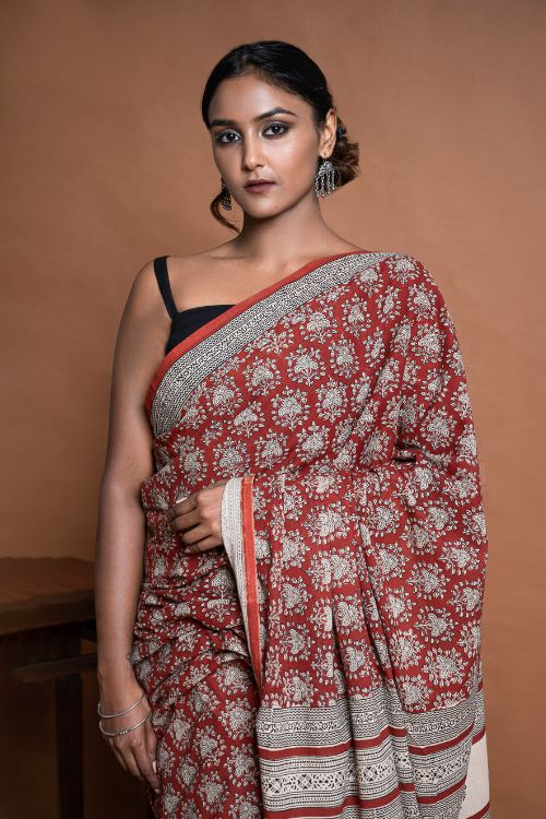 ICH Bagru Statements. Hand Block Printed Mul Cotton Saree - Brick Ornate