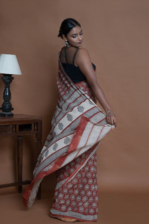 ICH Bagru Statements. Hand Block Printed Mul Cotton Saree - Brick Ornate