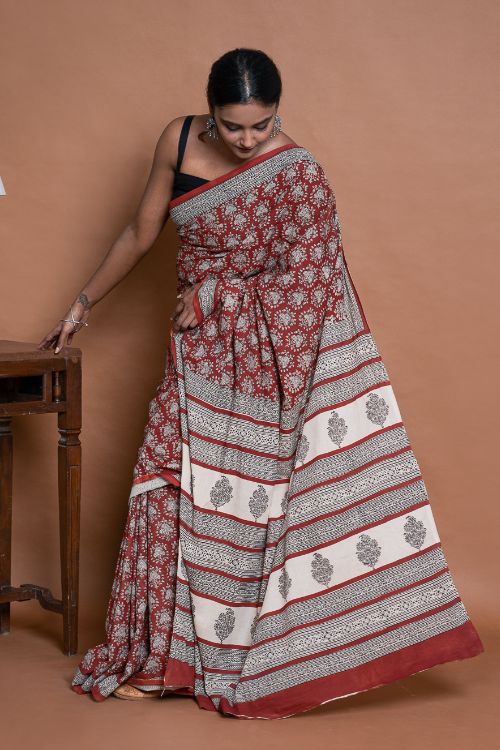ICH Bagru Statements. Hand Block Printed Mul Cotton Saree - Brick Ornate