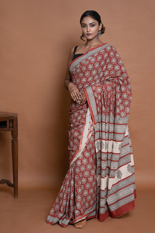 ICH Bagru Statements. Hand Block Printed Mul Cotton Saree - Brick Ornate