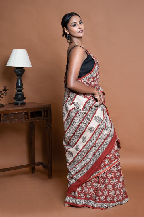ICH Bagru Statements. Hand Block Printed Mul Cotton Saree - Brick Ornate