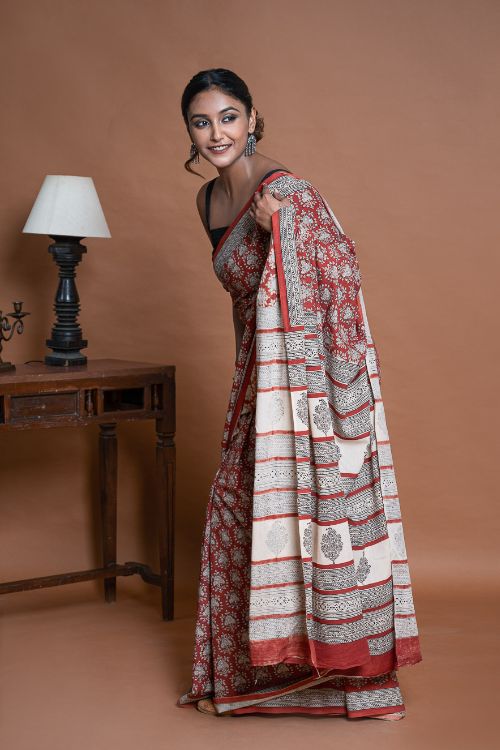 ICH Bagru Statements. Hand Block Printed Mul Cotton Saree - Brick Ornate