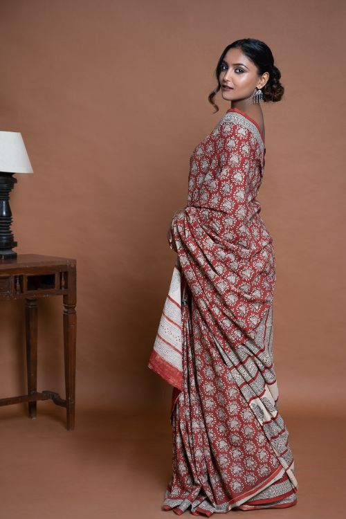ICH Bagru Statements. Hand Block Printed Mul Cotton Saree - Brick Ornate