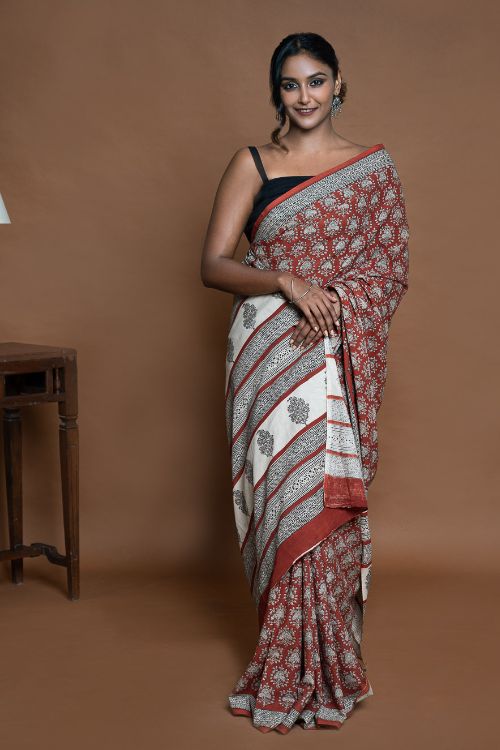 ICH Bagru Statements. Hand Block Printed Mul Cotton Saree - Brick Ornate