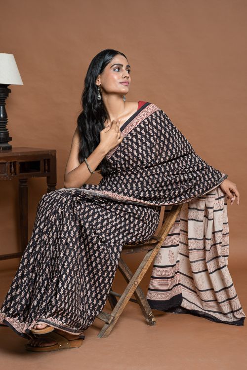 ICH Bagru Statements. Hand Block Printed Mul Cotton Saree - Black Florets
