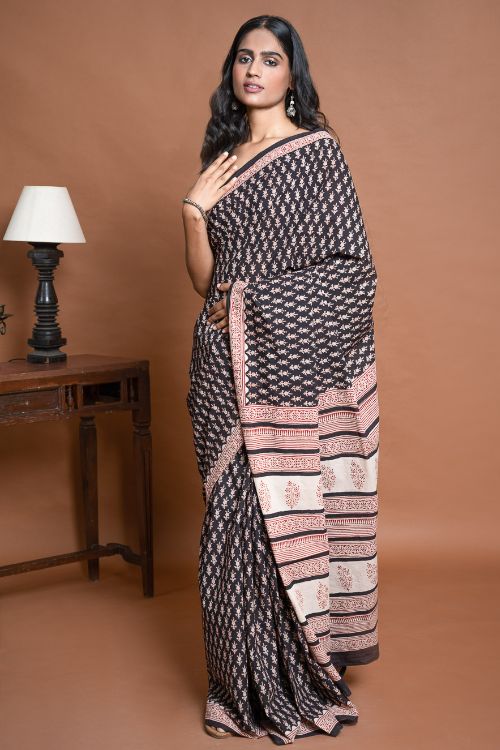 ICH Bagru Statements. Hand Block Printed Mul Cotton Saree - Black Florets
