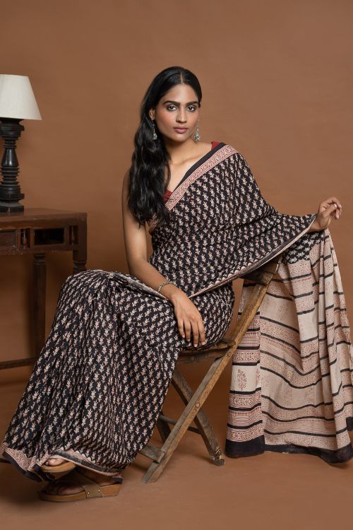 ICH Bagru Statements. Hand Block Printed Mul Cotton Saree - Black Florets