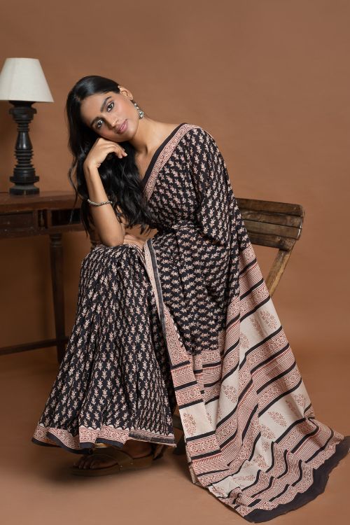 ICH Bagru Statements. Hand Block Printed Mul Cotton Saree - Black Florets