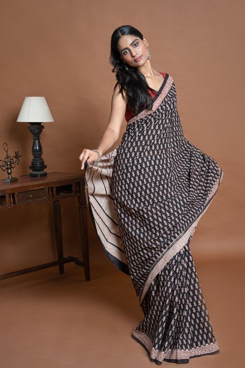 ICH Bagru Statements. Hand Block Printed Mul Cotton Saree - Black Florets
