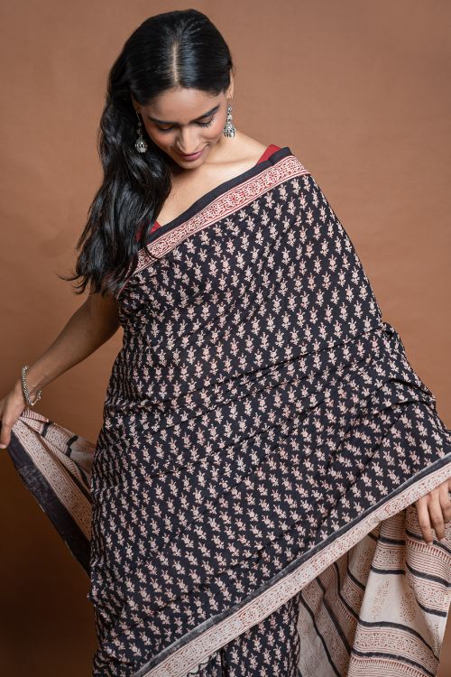 ICH Bagru Statements. Hand Block Printed Mul Cotton Saree - Black Florets