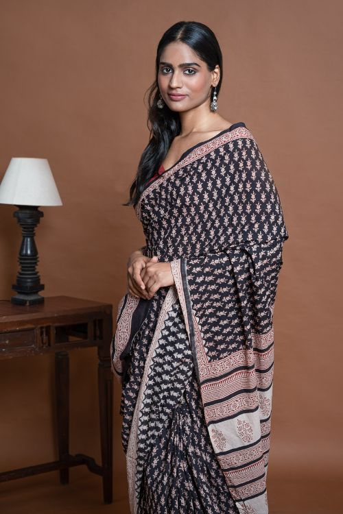 ICH Bagru Statements. Hand Block Printed Mul Cotton Saree - Black Florets