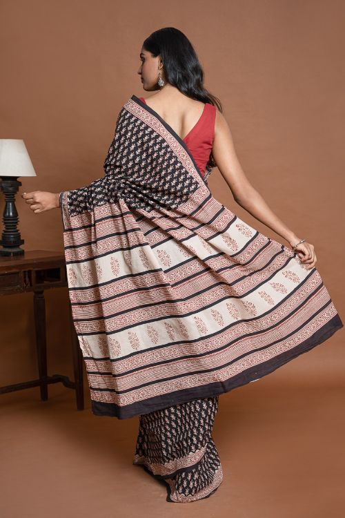 ICH Bagru Statements. Hand Block Printed Mul Cotton Saree - Black Florets