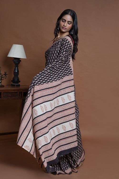 ICH Bagru Statements. Hand Block Printed Mul Cotton Saree - Black Florets