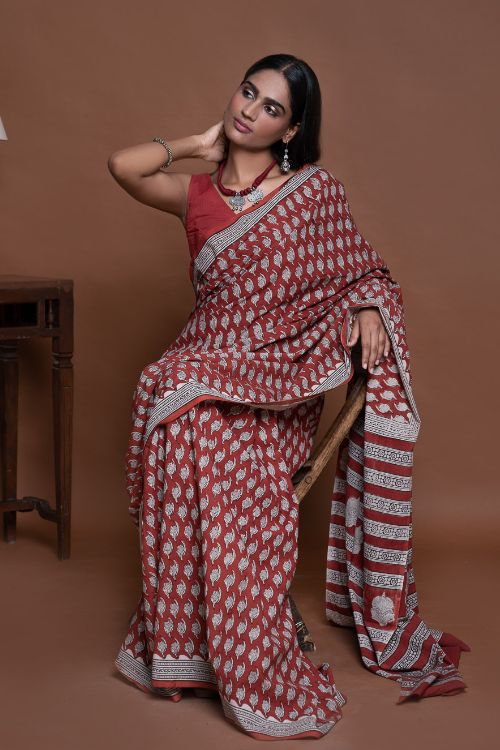 ICH Bagru Statements. Hand Block Printed Mul Cotton Saree - Brick Floret