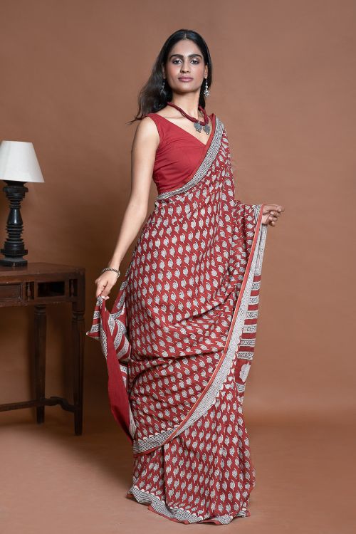 ICH Bagru Statements. Hand Block Printed Mul Cotton Saree - Brick Floret