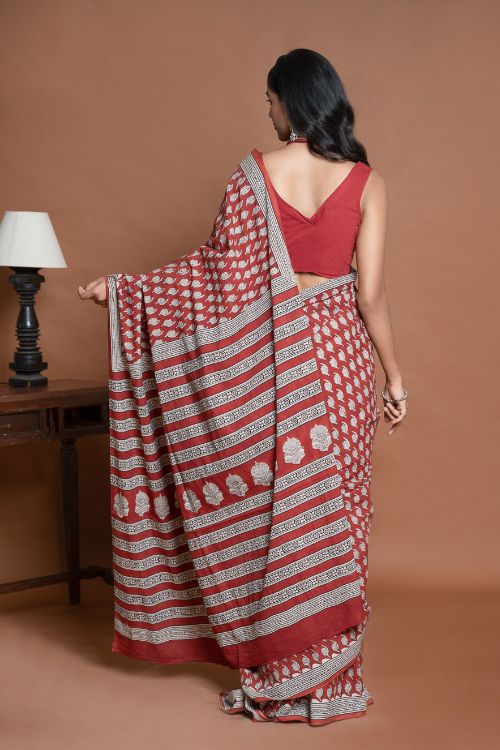 ICH Bagru Statements. Hand Block Printed Mul Cotton Saree - Brick Floret