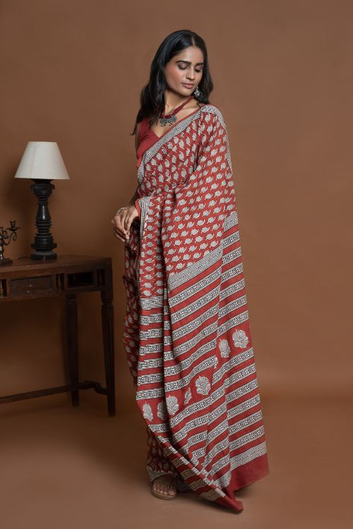 ICH Bagru Statements. Hand Block Printed Mul Cotton Saree - Brick Floret