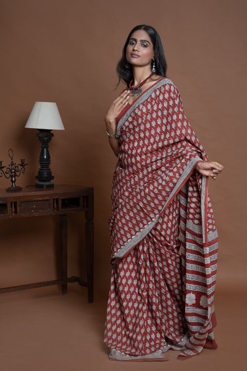 ICH Bagru Statements. Hand Block Printed Mul Cotton Saree - Brick Floret