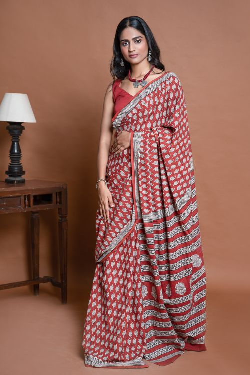 ICH Bagru Statements. Hand Block Printed Mul Cotton Saree - Brick Floret