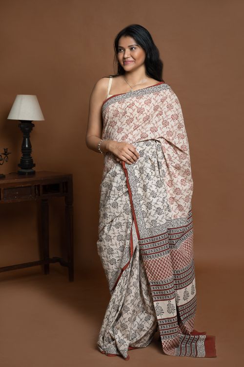 ICH Bagru Statements. Hand Block Printed Mul Cotton Saree - Beige Flora