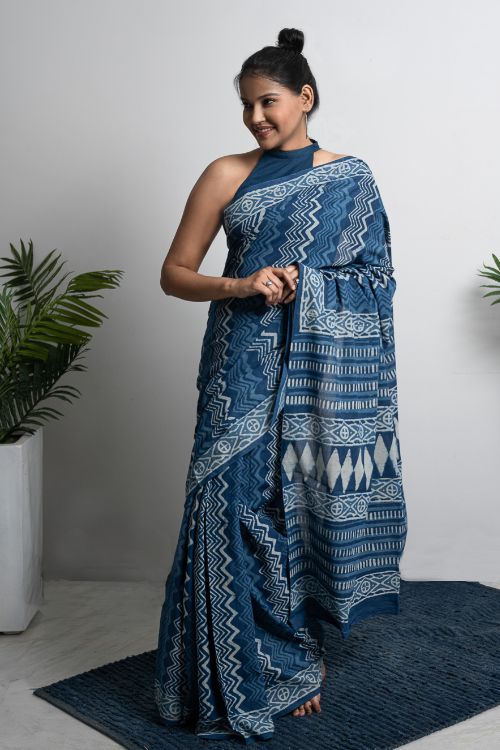 ICH Cotton Appeal. Dabu Hand Block Printed Mul Cotton Saree -Blue Zigzags