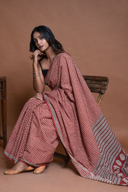 ICH Bagru Statements. Hand Block Printed Mul Cotton Saree - Brick Buds